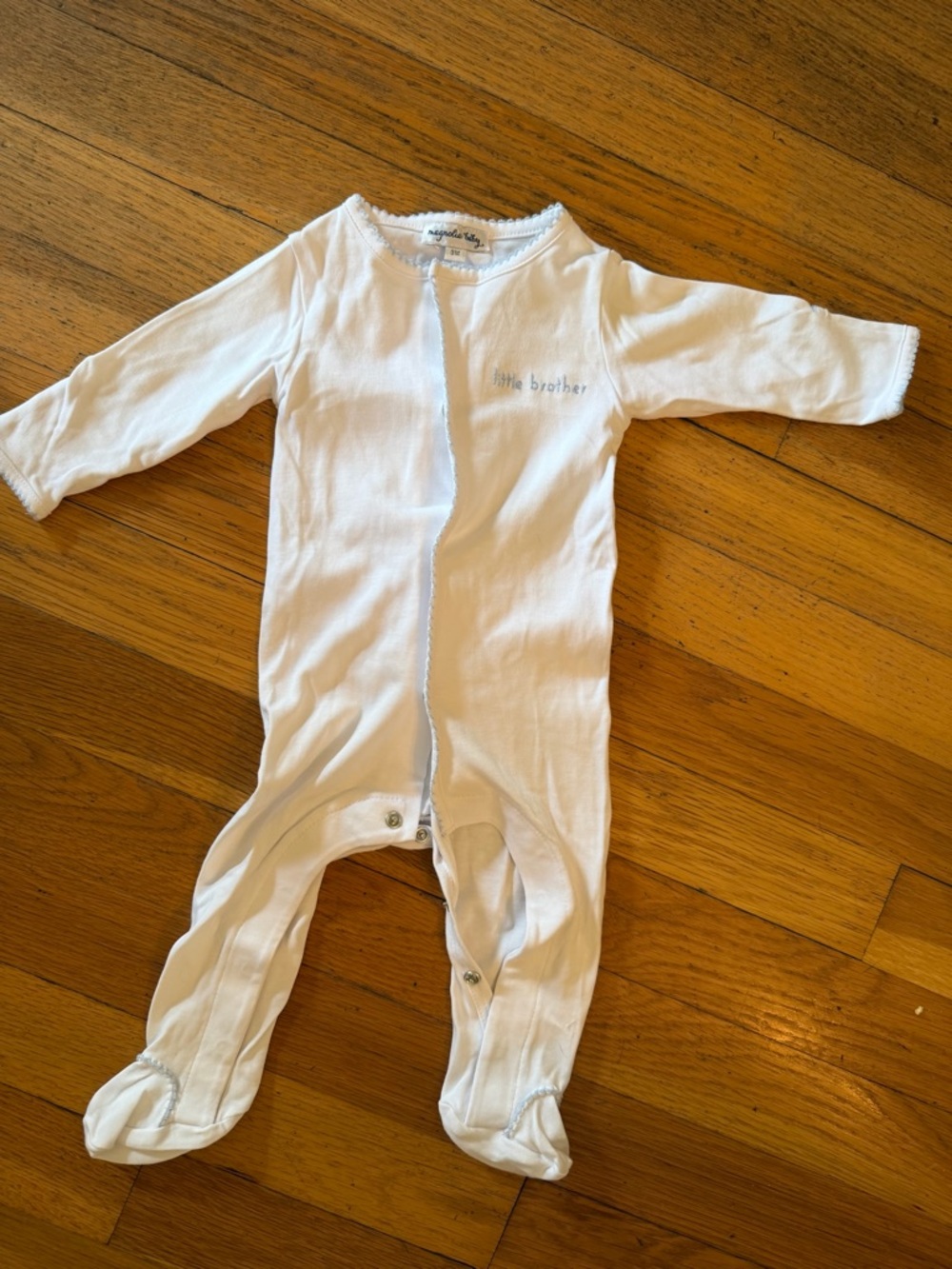 White Footed One-Piece Sleeper with 'Little Brother' Embroidery